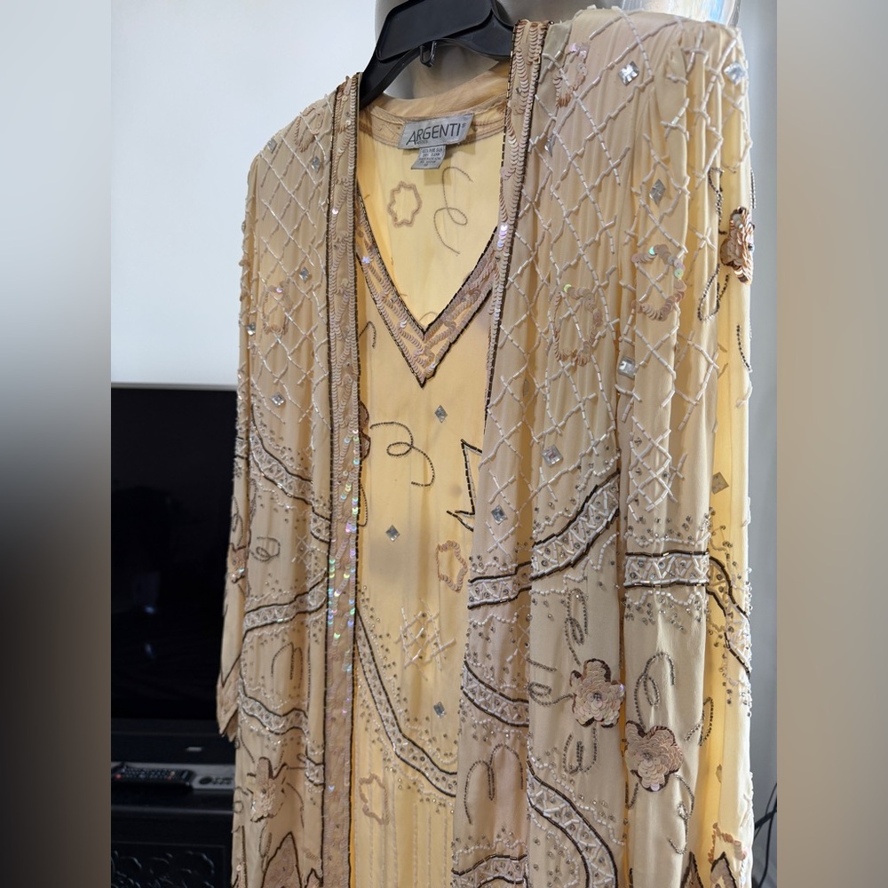 Vintage 80s Argenti Silk Beaded Dress & Duster Set
